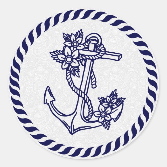 Sticker Rond Marine Flore bleu Ancre marine et couronne (Devant)