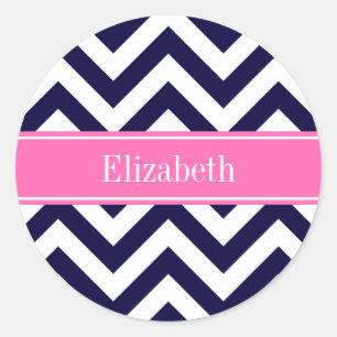 Sticker Rond Marine Lg Chevron HotPink2 Quatrefeuille Monogramm