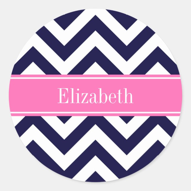 Sticker Rond Marine Lg Chevron HotPink2 Quatrefoil Nom Monogram (Devant)