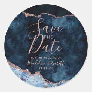 Sticker Rond Marine Rose Gold Agate Marbre Enregistrer la date