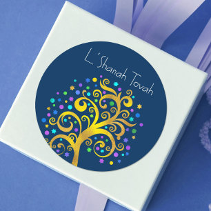 Sticker Rond Marine Rosh Hashanah Gold Foil Arbre de vie modern