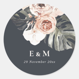 STICKER ROND MARINE RUST MONSTERA PEONY MARIAGE MONOGRAMME FLOR