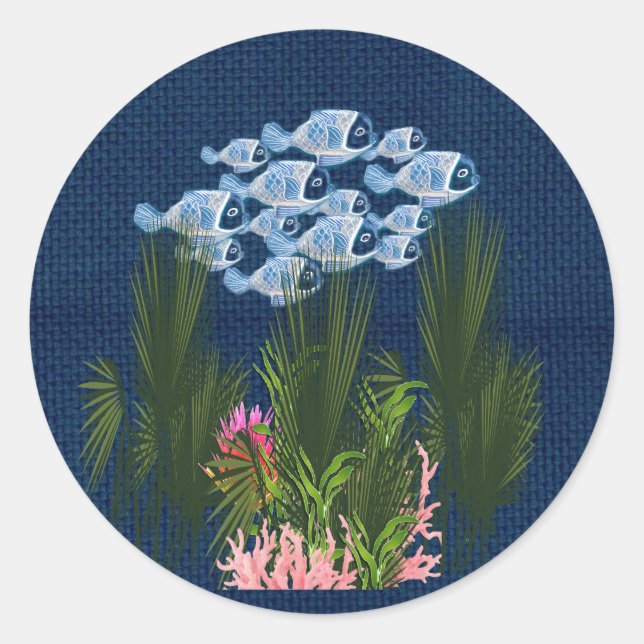 Sticker Rond Marine Texté, Poisson, Corail Rose (Devant)