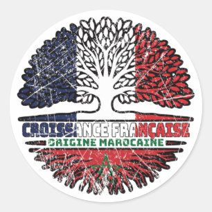 Sticker Rond Maroc Marocain Français Drapeau des racines d'arbr