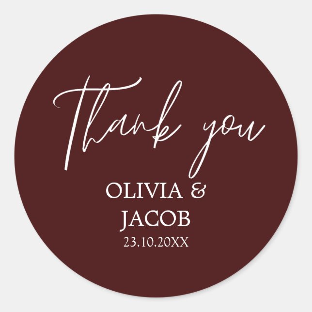 Sticker Rond Maroon Thankyou Mariage moderne et simple (Devant)