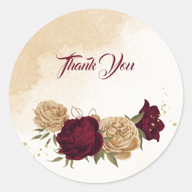Sticker Rond Maroon vert beige or botanique mariage (Devant)