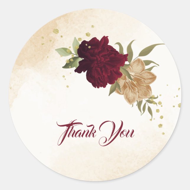 Sticker Rond Maroon vert beige or botanique mariage (Devant)