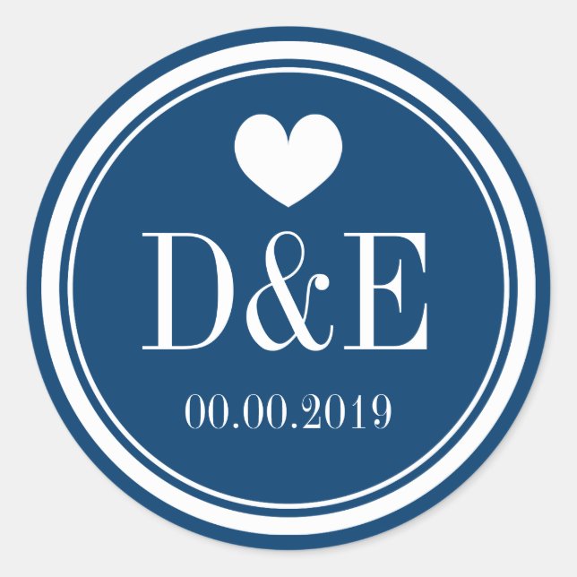 Sticker Rond Marque de mariage bleu et blanc monogramme marine (Devant)