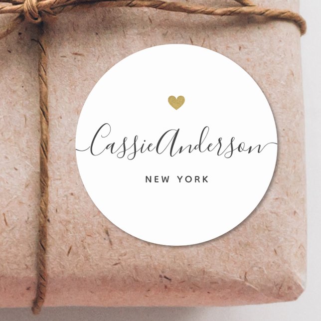 Sticker Rond Marque moderne Gold Heart Calligraphy Nom Blanc (Créateur téléchargé)