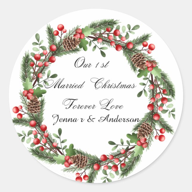Sticker Rond Marques de Noël personnalisées Premier Marié (Devant)