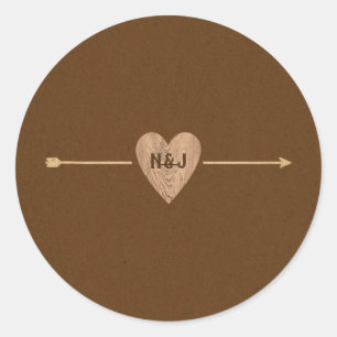 Sticker Rond Marron Rustique Kraft Cœur Flèche Boisée