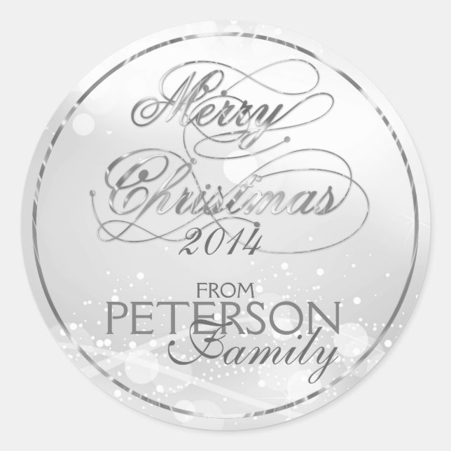 Sticker Rond Marry Christmas Silver Text & Bokeh Arrière - plan (Devant)