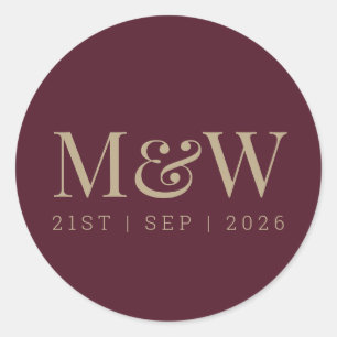 Sticker Rond Marsala Bourgogne moderne mariée d'or Groom Monogr