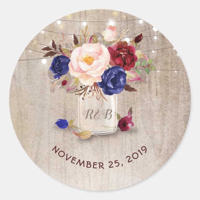 Sticker Rond Marsala et Fleurs Bleues Mason Jar Mariage rustiqu (Devant)