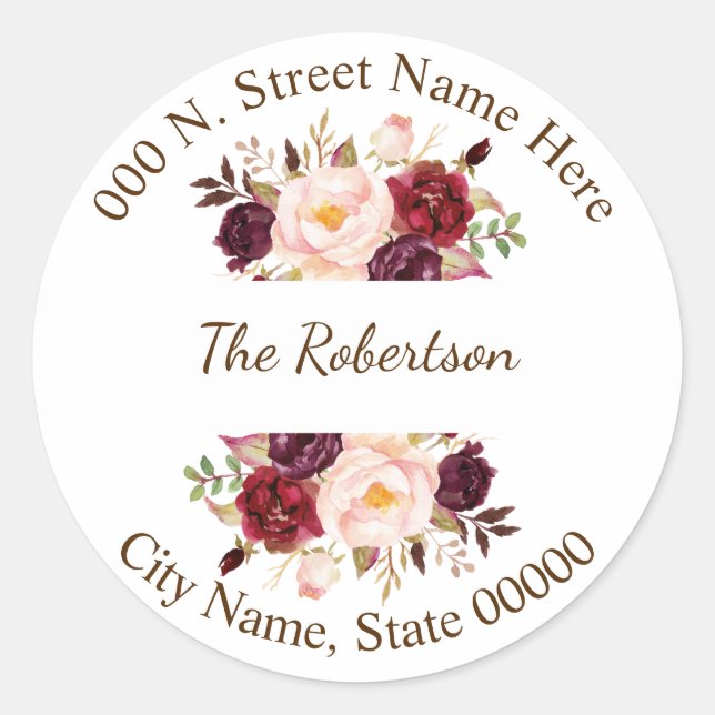 Sticker Rond Marsala Flowers Adresse de retour (Devant)
