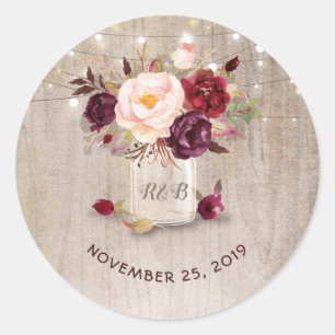 Sticker Rond Marsala Flowers Mason Jar Mariage rustique