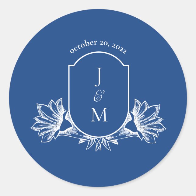 Sticker Rond Marseille Bleu Floral Mariage Monogram Crest (Devant)
