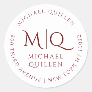 Sticker Rond Masculine Bourgogne Rouge Monogramme Adresse de re