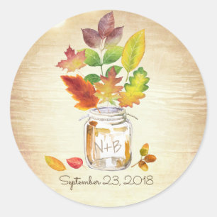 Sticker Rond Mason Jar Fall quitte le Mariage en bois rustique