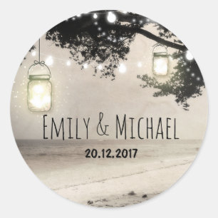 Sticker Rond Mason Jars Lumières à cordes Élégant Mariage rusti