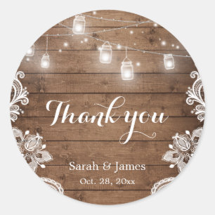 Sticker Rond Mason Jars Lumières Dentelle Rustique Bois Mariage