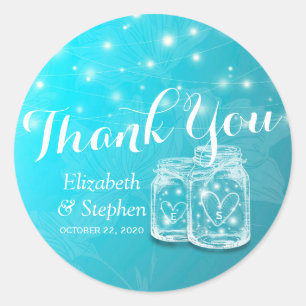 Sticker Rond Mason Jars & String Lights Mariage Favor Merci