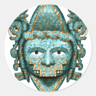 Sticker Rond Masque aztèque de Quetzalcoatl de mosaïque