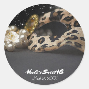 Sticker Rond Masque de mascarade léopard et collier de perles, 