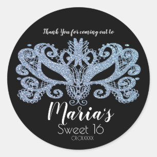 Sticker Rond Masque de masquerade bleu pailleté, cadeau de fête