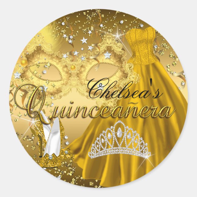 Sticker Rond Masque Masque Mascarade Or Mascarade Quinceanera (Devant)