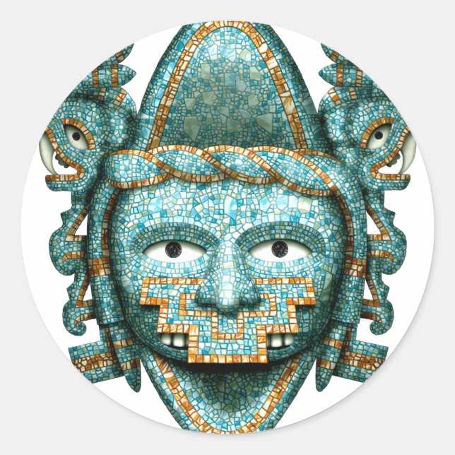 Sticker Rond Masque Quetzalcoatl en mosaïque aztèque (Devant)