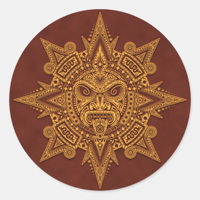 Sticker Rond Masque Soleil Aztèque - Rouge Doré (Devant)