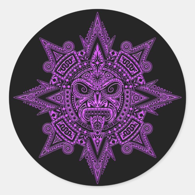 Sticker Rond Masque soleil aztèque violet sur noir (Devant)