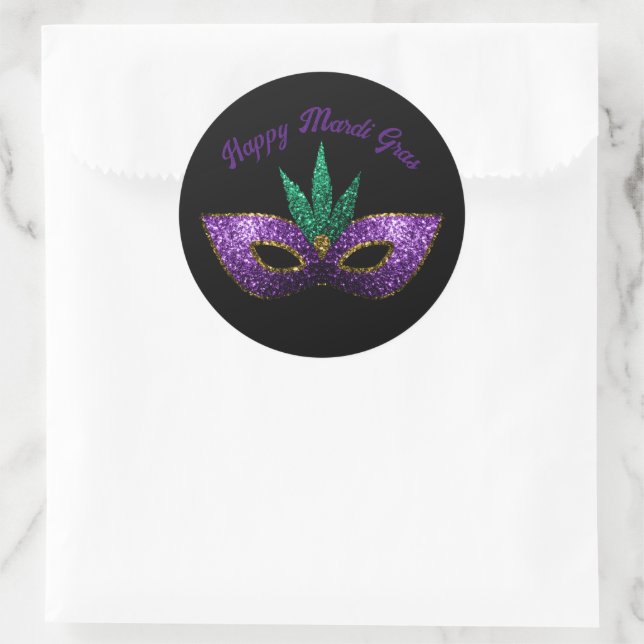Sticker Rond Masque vert pourpre Étincelles Joyeux Mardi Gras (Sac)