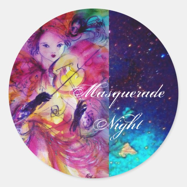Sticker Rond MASQUERADE NUIT Carnaval Musicien en costume rose (Devant)