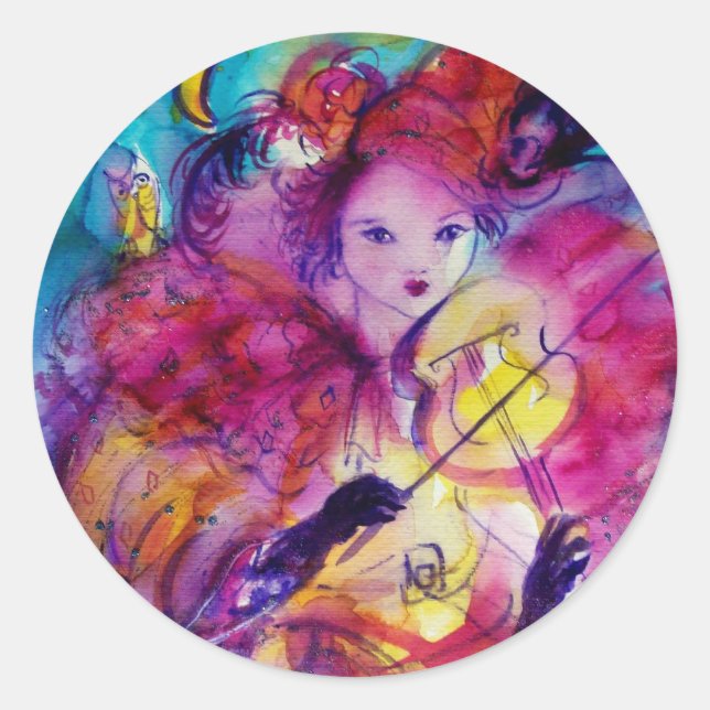 Sticker Rond MASQUERADE NUIT Carnaval Musicien en costume rose (Devant)