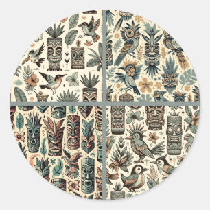 Sticker Rond Masques Tiki tropicaux vintages et oiseaux gris ve