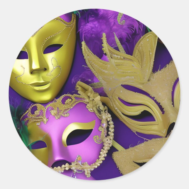 Sticker Rond Masques violet et or Mardi Gras (Devant)