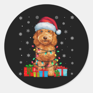 Sticker Rond Mauvaise Noël éclaire Santa Chapeau Goldendoodle C