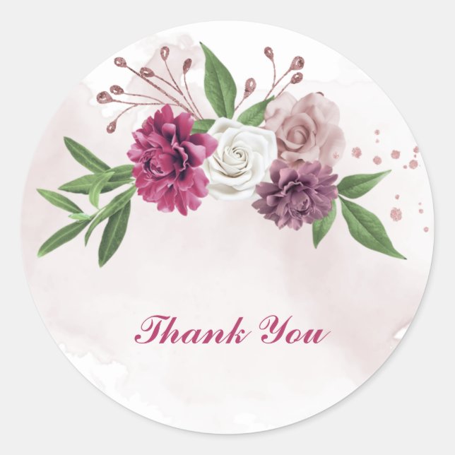 Sticker Rond mauve rose fleurs blanches verdure (Devant)