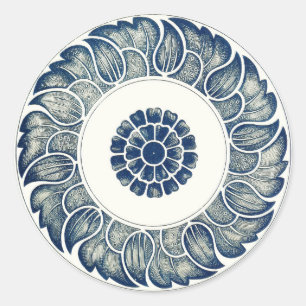 Sticker Rond Médaillon Chinois : Chinoiserie Bleu Indigo