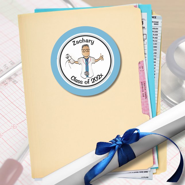 Sticker Rond Médecin Ethnique Docteur PA Funny Blue Graduation (Créateur téléchargé)