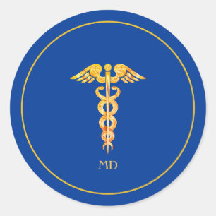 Sticker Rond Médecin Monogramme & Doré sur Fond Bleu