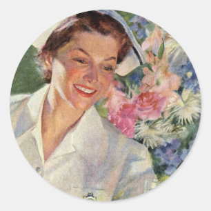 Sticker Rond Médecine vintage, Bonne infirmière en uniforme