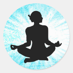 Sticker Rond Médiation Zen Femme Noir et Bleu Sunburst