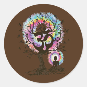 Sticker Rond Méditation de yoga féminin Inde Zen Tree magnifi