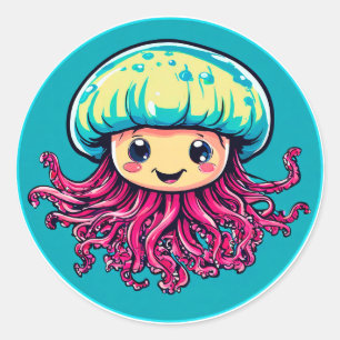 Sticker Rond Méduse de dessin animé souriante, cadeau amusant s