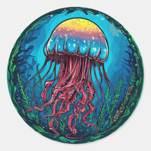 Sticker Rond Méduse de dessin animé vibrant cadeau de vie marin