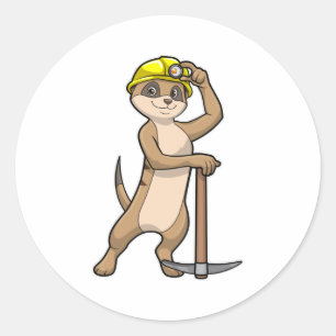 Sticker Rond Meerkat en tant que mineur avec Pickaxe