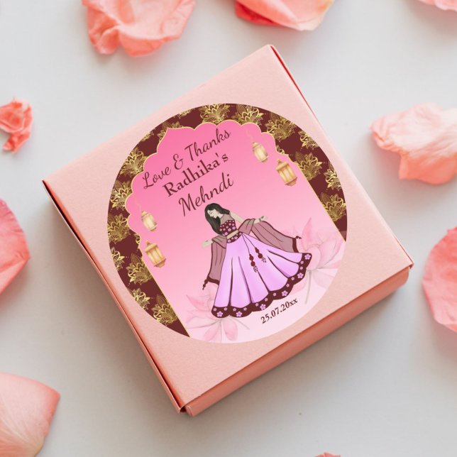 Sticker Rond Mehndi bordeaux rose or lotus indien mariage faveu (Mehndi favor gift thank you stickers Indian mehandi dancing bride maroon pink gold lotus favors)